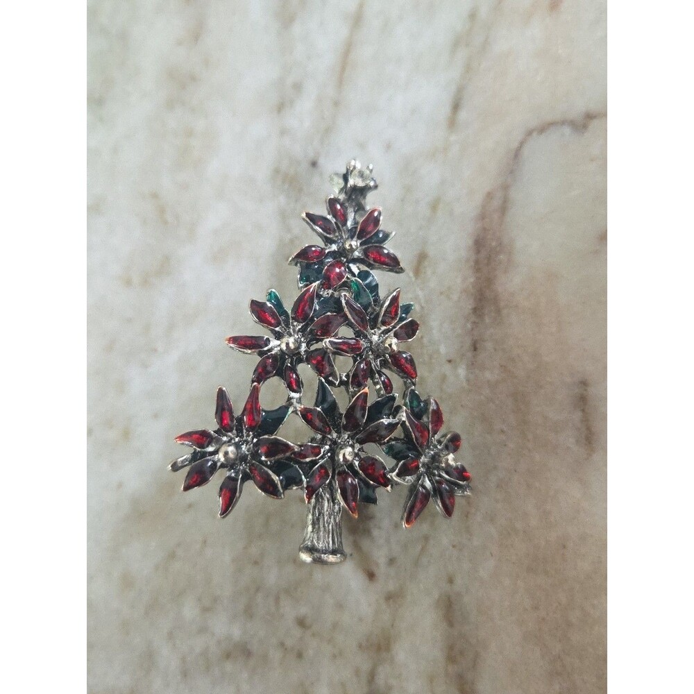 LIA Christmas Tree Brooch Pin Vintage Open Poinsettia Enamel Gold Tone Estate